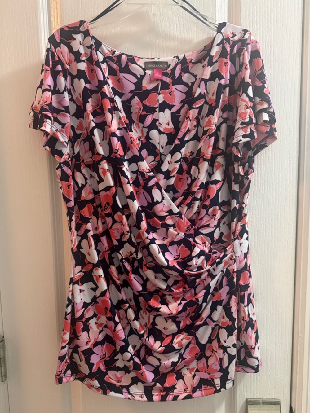 Vince Camuto Navy Floral Draped V-Neck Blouse with Pink & White Flowers